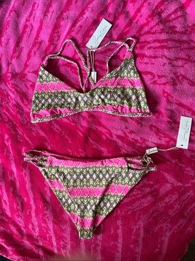 Frankie's Bikinis Pink and Olive Green Zigzag Print Bikini